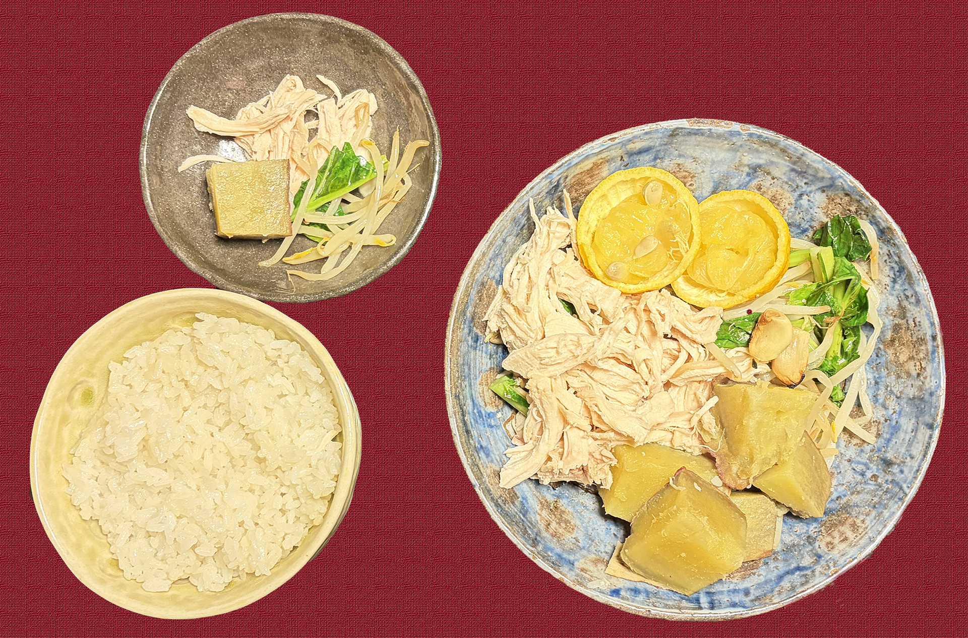 蒸し鶏とふかし芋のランチ